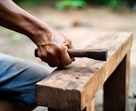 The carpenter is repairing the house. He makes nails using a hammer.の写真素材