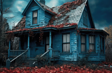 a wooden house in the forest is falling apart from old age.の写真素材