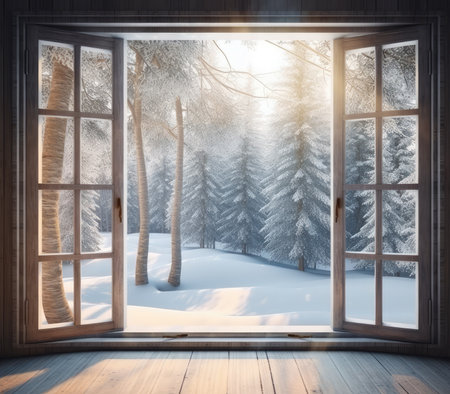 View through the window of a cottage into a snow-covered winter forest.の写真素材