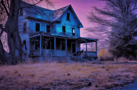 a wooden house in the forest is falling apart from old age.の写真素材