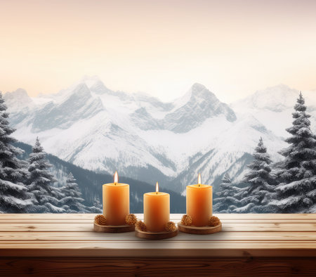 Christmas candle Lantern in winter garden, snowy evening landscape. christmas holiday background. atmosphere winter festive still life.の写真素材