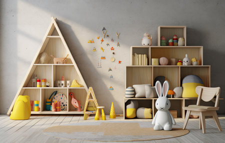 Pillow on white bed in scandi kid's bedroom interior with mockup of empty poster.の写真素材