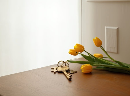 Beautiful spring flowers and key with trinket in shape of house on white wooden table, flat lay.の写真素材