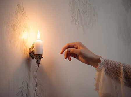 energy crisis. Hand in complete darkness holding a candle trying to turn on light during a power outage. blackout conceptの写真素材