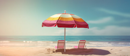 Summer beach holiday banner concept, beach accessories on white sand.の素材