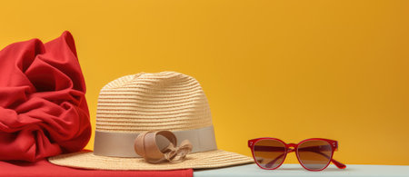 Beach Summer Holidays Vacation travel accessories and fashion on Sand and blue background. including mobile phone camera plane passport hat and flip lop. For Summer Holidays journey Banner and posterの写真素材
