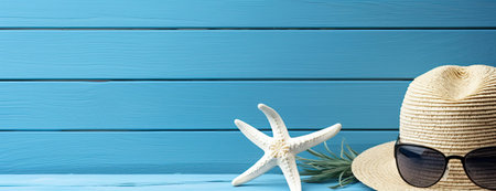 Beach Summer Holidays Vacation travel accessories and fashion on Sand and blue background. including mobile phone camera plane passport hat and flip lop. For Summer Holidays journey Banner and posterの写真素材