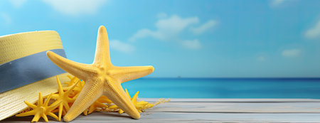 Beach Summer Holidays Vacation travel accessories and fashion on Sand and blue background. including mobile phone camera plane passport hat and flip lop. For Summer Holidays journey Banner and posterの写真素材