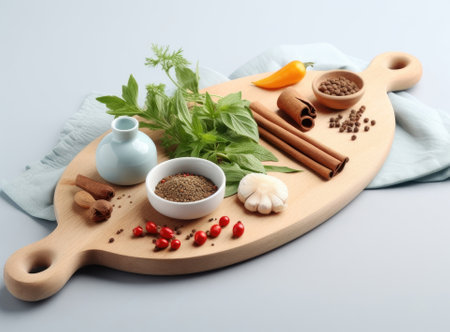 Composition with wooden board and ingredients for cooking on table.の素材