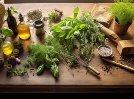 Composition with wooden board and ingredients for cooking on table.の素材