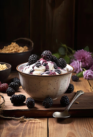 Closeup from above view of glass with walnut granola mixed with blueberries and yogurt placed on wooden chopping board near jarの写真素材