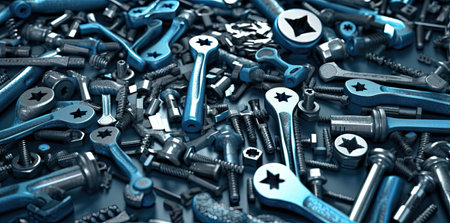 Tapping screws made of steel on Gray background, metal screw, iron screw, chrome screw, screws as a background, wood screw, concept industry.の素材