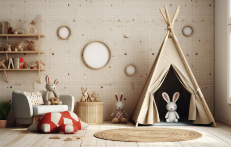 Pillow on white bed in scandi kid's bedroom interior with mockup of empty poster.の素材