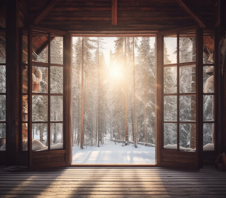 View through the window of a cottage into a snow-covered winter forest.の素材