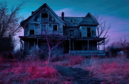 a wooden house in the forest is falling apart from old age.の素材