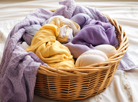 Baby booties and accessories on white marble table indoorsの素材