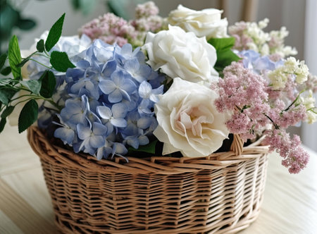 Beautiful straw bag with seasonal flowers of hyacinth and carnation blossomの素材
