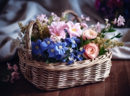 Beautiful straw bag with seasonal flowers of hyacinth and carnation blossomの素材