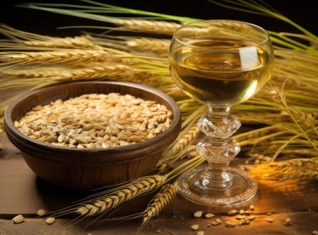 Milk or drink water or barley water in glass bottle with raw and cooked pearl barley wheat seeds selective focusの素材