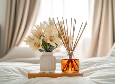 Reed diffuser and vase with bouquet on wooden nightstand in bedroomの写真素材