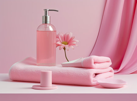Soft light bathroom decor in pastel pink color, towel, soap dispenser, white flowers, accessories on pastel pink shelf. Elegant decor bathroom interiorの写真素材
