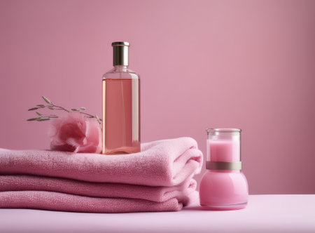 Soft light bathroom decor in pastel pink color, towel, soap dispenser, white flowers, accessories on pastel pink shelf. Elegant decor bathroom interiorの写真素材