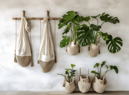 Natural wooden coat hooks, wall hanger hook with fabric bag, Woven bag and Ukulele on the white wall in low light background. Concept of ECO friendly home decorationの写真素材
