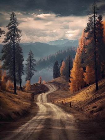 Dark misty day with empty winding mountain roadの素材