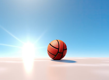 Street basketball ball falling into the hoop. Close up of orange ball above the hoop net with blue sky in the background. Concept of success, scoring points and winning. copy spaceの素材