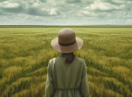 woman traveler with backpack holding hat and looking at amazing mountains and forest, wanderlust travel concept, space for text, atmospheric epic momentの素材