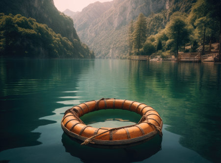 Beautiful view of traditional wooden rowing boat on scenic Lago di Braies in the Dolomites in scenic morning light at sunrise.の素材