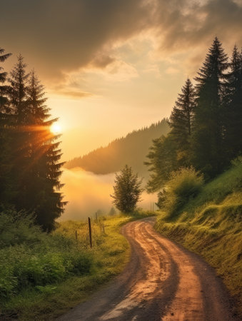 Dark misty day with empty winding mountain roadの素材