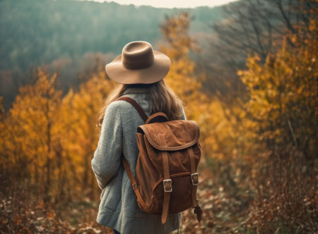Travel young woman wearing brown hat, plaid shirt, jeans and brown boots with backpack looking on wonderful canyon with moss on rocks after hiking, traveling conceptの素材