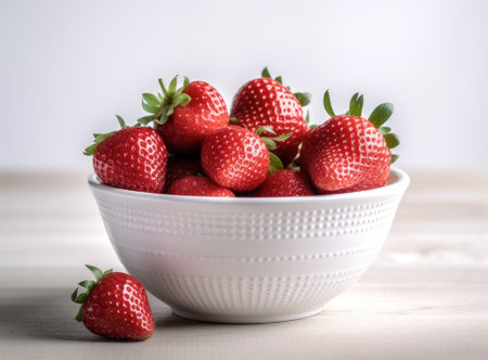Heap of fresh strawberries in ceramic bowl on rustic white wooden backgroundの素材