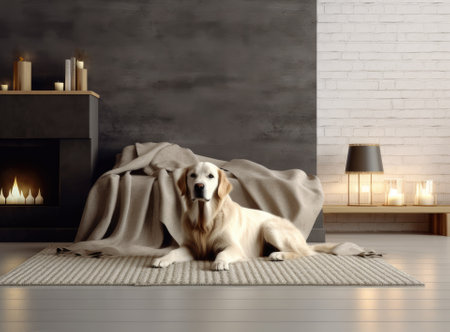Adorable Golden Retriever dog on floor near electric fireplace indoorsの素材