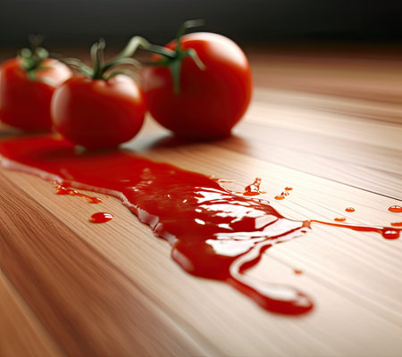 Close up of ketchup and tomatoes placed on a wooden background. Scoop ketchup with a spoonの素材