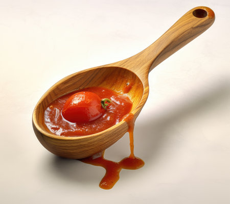 Close up of ketchup and tomatoes placed on a wooden background. Scoop ketchup with a spoonの素材