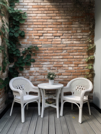 Garden white chairs and a table with flowers against the backdrop of greenery and the buildingの素材