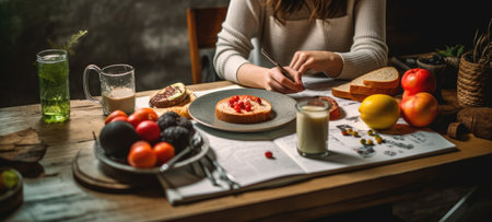 young female planning menu to eat ketogenic diet during weight loss programの素材