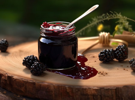 Fresh homemade blackberry jam in glass jar on a wooden background. Several fresh berries are near itの素材