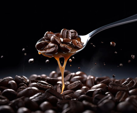 Steaming roasted coffee beans in a spoon on a black backgroundの写真素材