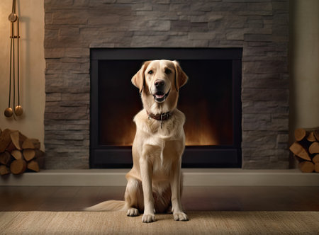Adorable Golden Retriever dog on floor near electric fireplace indoorsの写真素材