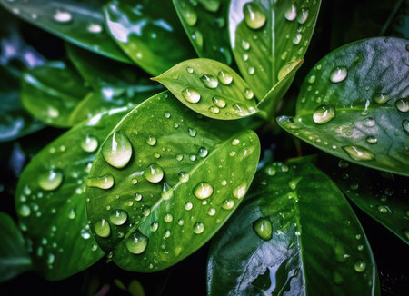 Large beautiful drops of transparent rain water on a green leaf macro. Drops of dew in the morning glow in the sun. Beautiful leaf texture in nature. natural backgroundの写真素材