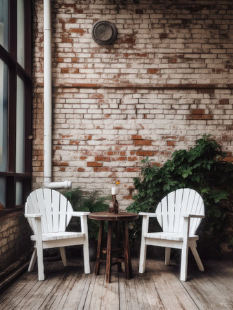 Garden white chairs and a table with flowers against the backdrop of greenery and the buildingの写真素材