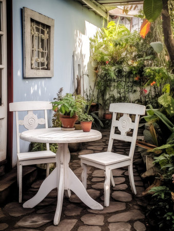 Garden white chairs and a table with flowers against the backdrop of greenery and the buildingの写真素材