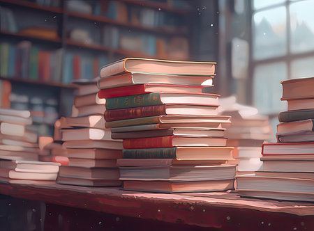 Close-up of several books stacked on a wooden table selective focus and shallow depth of field.