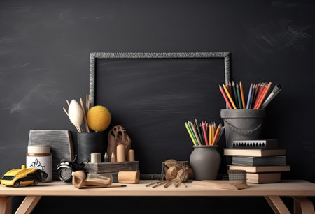 back to school concept with old schoolbooks, alarm clock and apple against a chalkboard background.の素材