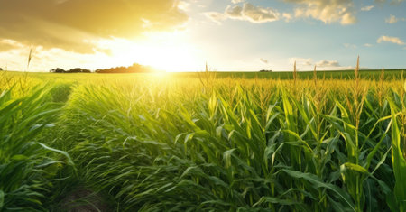 Corn cobs in corn plantation fieldの写真素材