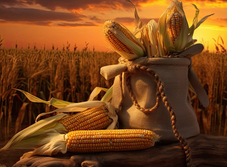 fresh corn cobs and dry seeds in bag on wooden table with green maize field on the background....