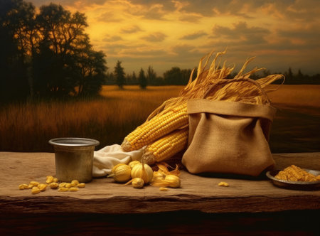 fresh corn cobs and dry seeds in bag on wooden table with green maize field on the background. Agriculture and harvest concept. Sunset or dawnの素材